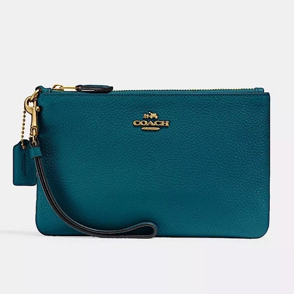 NWT COACH Polished Pebble Leather Wristlet Wallet 22952 in Brass Blue AUTHENTIC - Picture 1 of 4